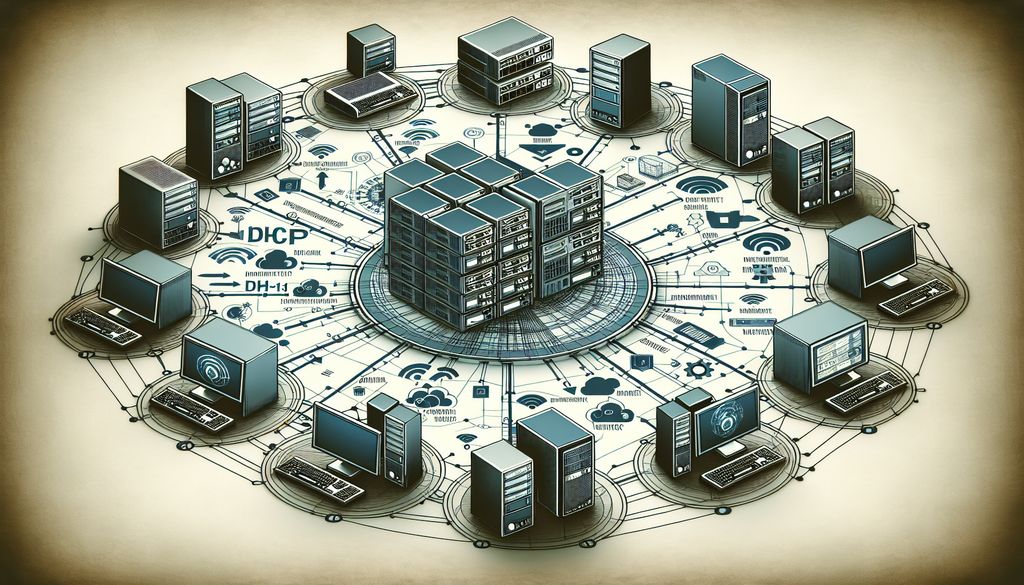 Red de computadoras y servidores, ilustración digital.