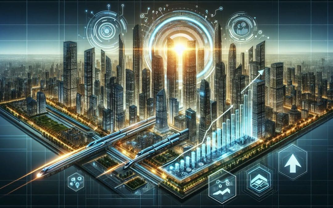 Ciudad futurista con interfaces digitales y transporte avanzado.