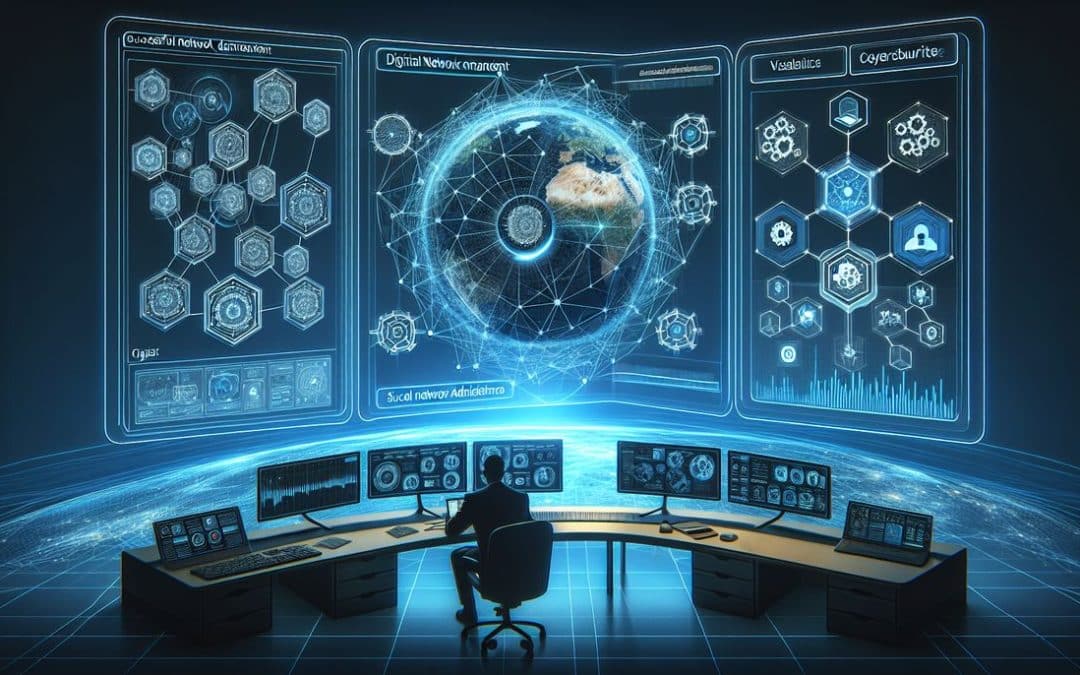 Centro de comando futurista con pantallas holográficas.