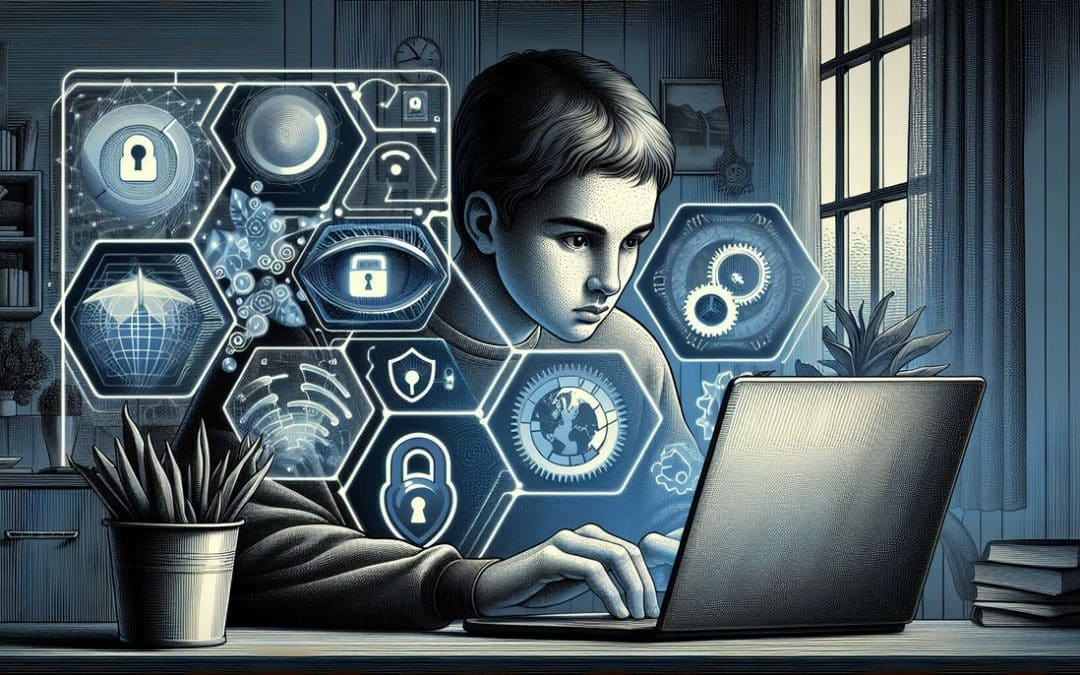 Niño usando computadora con gráficos de ciberseguridad holográficos.